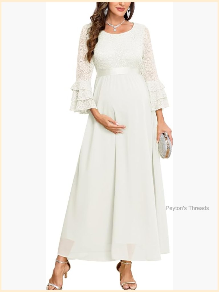 Floral Lace Maternity Maxi Dress Ruffle Bell Sleeves Crew Neck Chiffon Evening